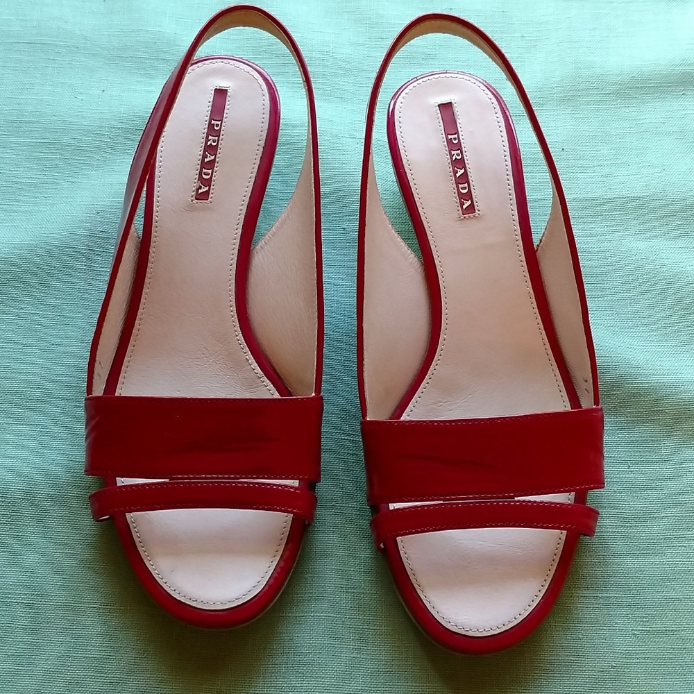 Prada Red Patent Leather Sling-Back Sandals Sz 37
